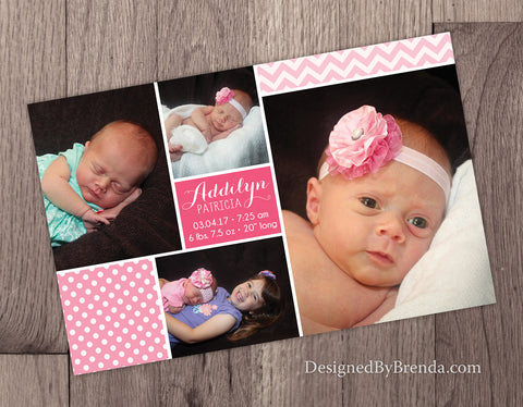 Baby Announcement Card with Custom Photo Collage - Pink Chevron & Polka Dots