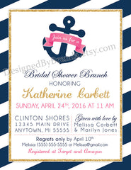 Nautical Anchor Bridal Shower Brunch Invitation - Navy, Pink & Metallic Gold
