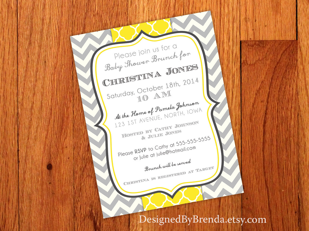Grey Chevron and Yellow Quatrefoil Wedding or Baby Shower Invitations