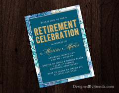 Floral Retirement Party Invitations - Gold & Teal Blue - Feminine Look