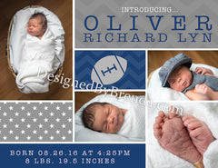 Football Themed Birth Announcement with Photos - Navy and Gray Chevron & Stars