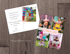 Pink & Gold Birthday Thank You Postcard with Photos - Cute, Custom look for Little Girl's First Birthday