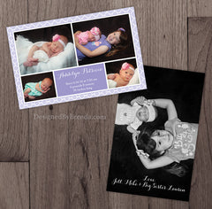 Large Chevron Birth Announcement with Multiple Pictures - Grey & Plum with Photo on Back