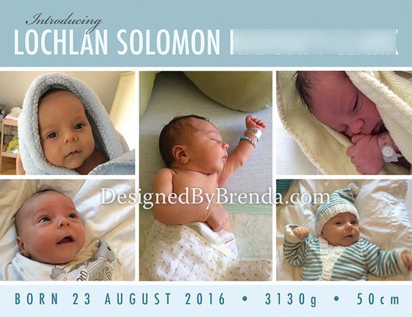 Custom Baby Announcement with Modern Photo Collage - Baby Boy - Blue & Grey  – Designed By Brenda