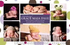 Large Birth Announcement with Whimsical Photo Collage - Double Sided with Polka Dots