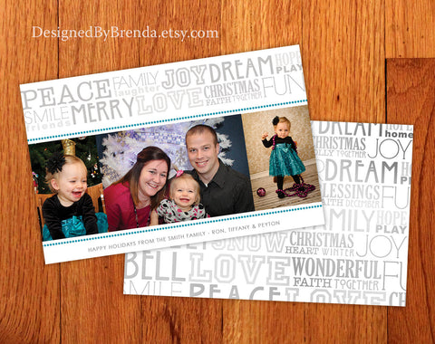 Holiday Christmas Card with Photo and Typography Collage - Double Sided, White, Teal Grey