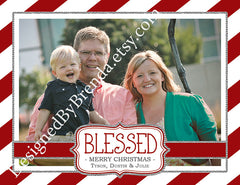 Candy Cane Stripes Christmas Card with Photo and Sparkly Silver  Border