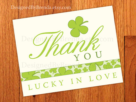 Shamrock Lucky In Love Thank You Cards - Folded Notecard, with Green Four Leaf Clovers