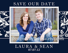 Black & White Damask Patterned Save the Dates with Photo