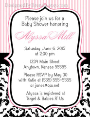 Pink Stripes and Black & White Damask Baby or Bridal Shower Invitation