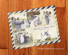 Nautical Style Wedding Thank Yous with Vintage Look - Navy Photo Collage with Anchor