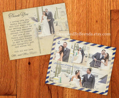 Nautical Style Wedding Thank Yous with Vintage Look - Navy Photo Collage with Anchor