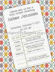 Library Card Baby Shower Invitation on Colorful Pastel Argyle Print with Vintage Flair