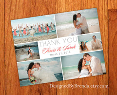 Modern Wedding Thank You Card with 6 Photos - Grey & Coral with Clean Lines