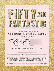 Fifty and Fantastic Birthday Invitation - Gold Glitter & Black Anniversary - 50th Surprise Party