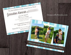 Double Sided Baby Shower Invitations with 3 Pregnancy Photos - Blue & Brown