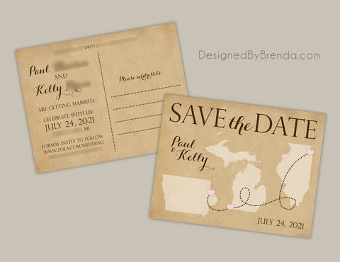 Rustic Save the Date Postcard with 3 or 4 States or Countries - Blue & Orange
