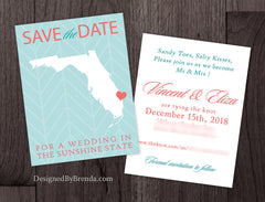 Florida Save the Date for a Wedding in the Sunshine State Postcard - Modern, Teal Chevron Background - Aqua & Red