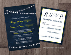 Wedding Invitation with Strings of Lights on Dark Blue Starry Sky Background