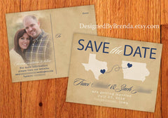 Vintage Style Save the Date with Two Locations - Two Hearts, Two States, One Love
