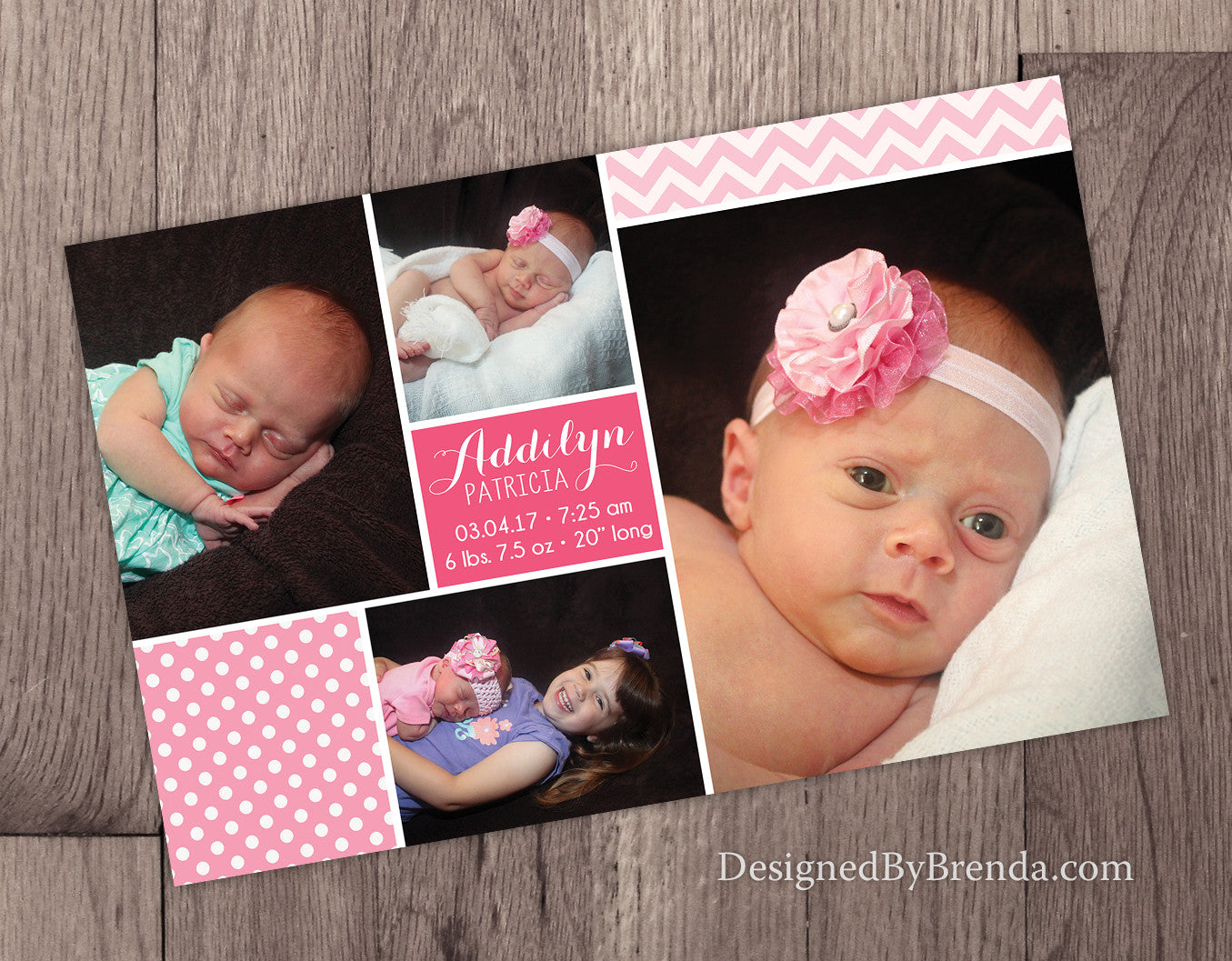 Baby Announcement Card with Custom Photo Collage - Pink Chevron & Polka Dots