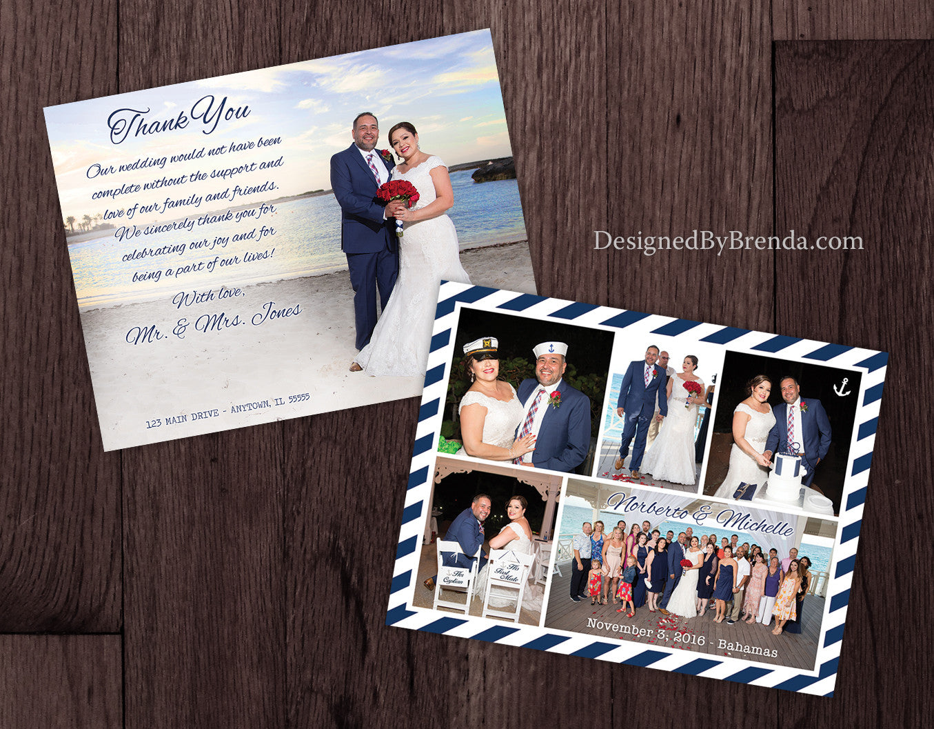 Nautical Wedding Thank You Card with Photo Collage - Double Sided Navy Blue