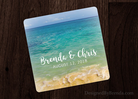 Beach Wedding Favor Paper Coaster with Couple's Names and Wedding Date