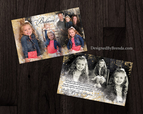 Blended Metallic Gold Holiday Card with Beautiful Photo Collage - Double Sided, Unique, Artisic Look