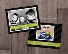 Double Sided Holiday Cards with Photos - Traditional Feel - Black, White & Green