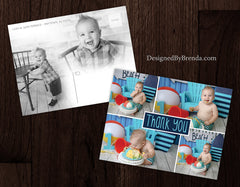 Teal and Navy Blue First Birthday Thank You for Baby Boy - Double Sided Postcard