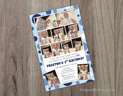 Large 1st Birthday Party Invitation with Custom Photo Collage Timeline - Blue Polka Dots