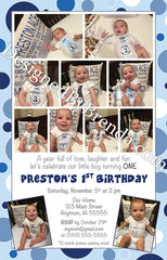 Large 1st Birthday Party Invitation with Custom Photo Collage Timeline - Blue Polka Dots