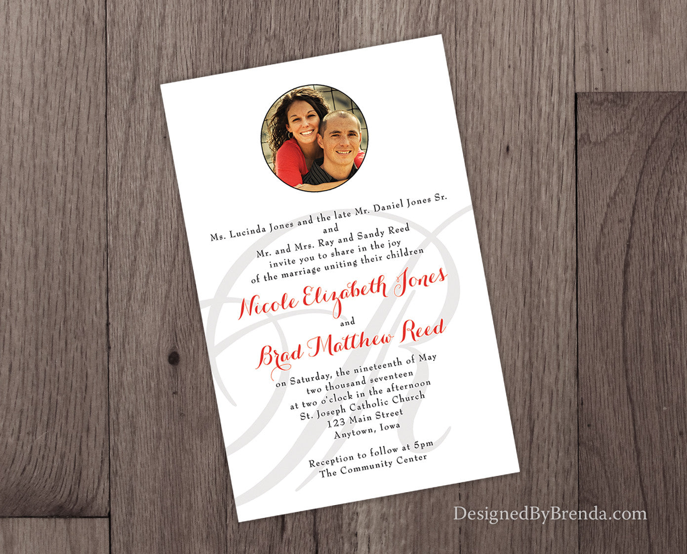 Simple Wedding Invitations with Photo and Letter Monogram Watermark - Red, Black & White