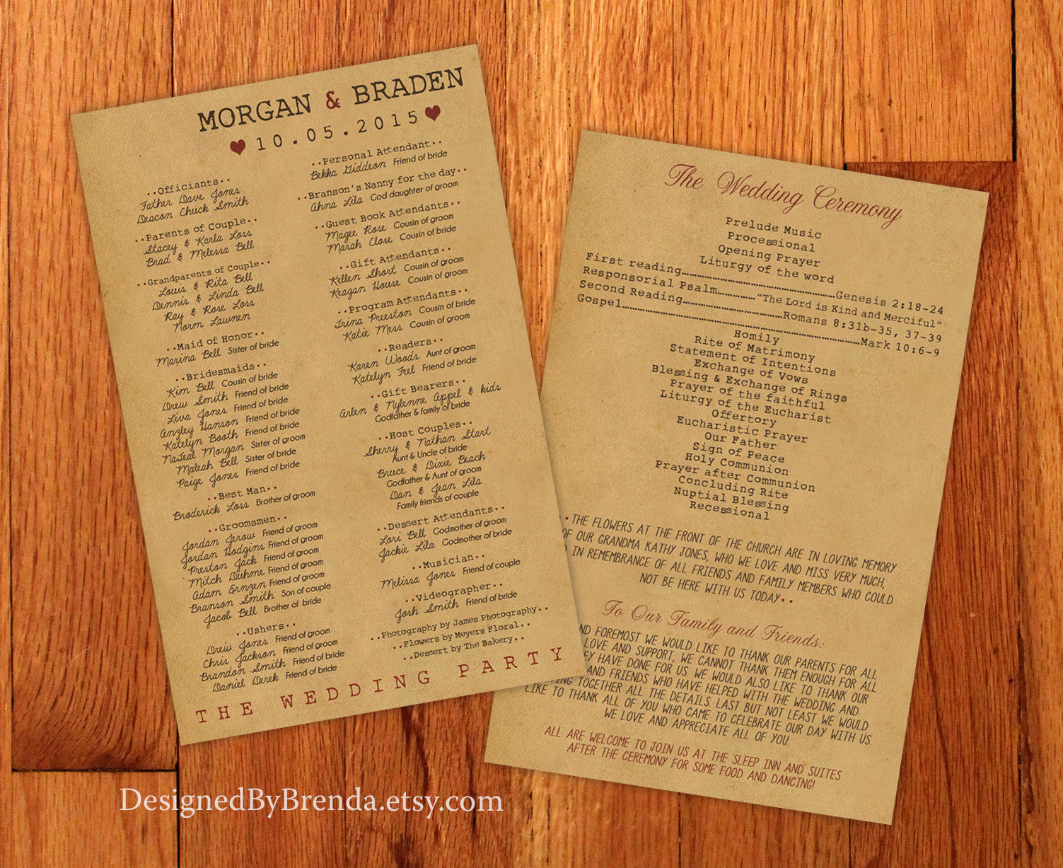 Large Vintage Style Wedding Programs - Double Sided with Rustic Kraft Paper Look