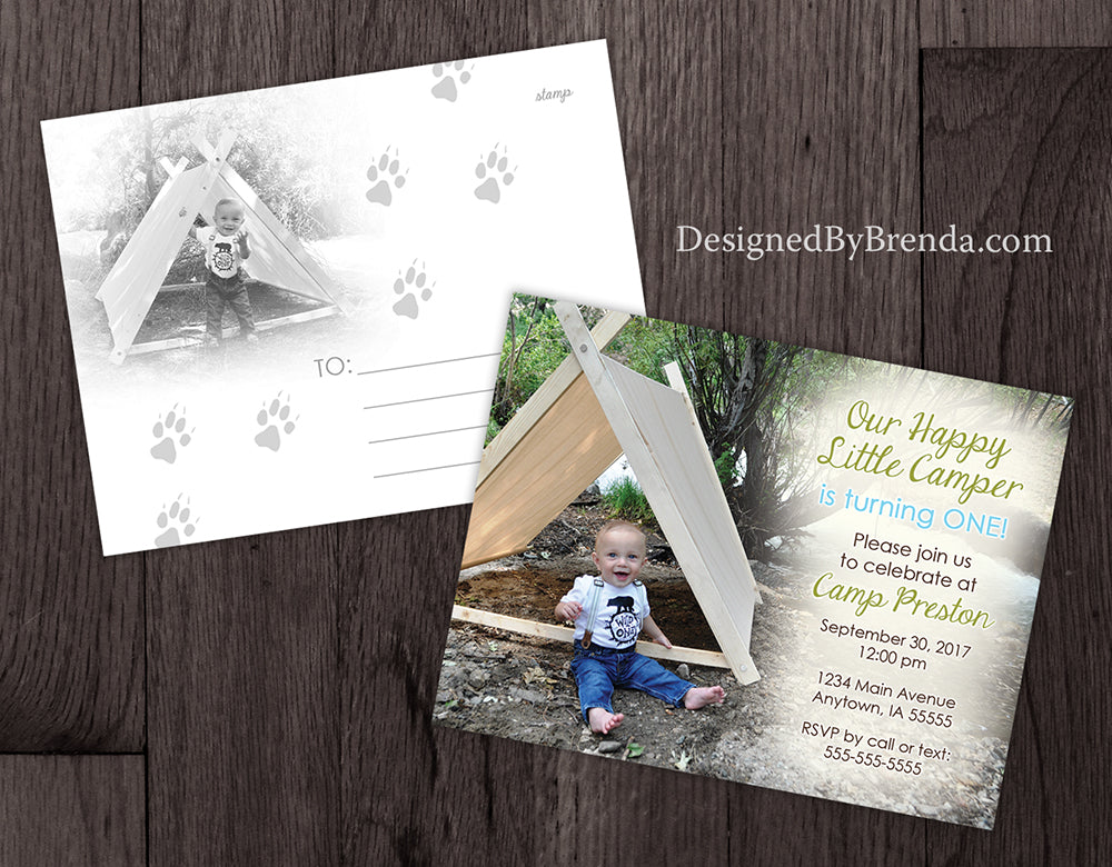 Happy Little Camper First Birthday Invitations with Tent Photos, Postcard – Designed By Brenda