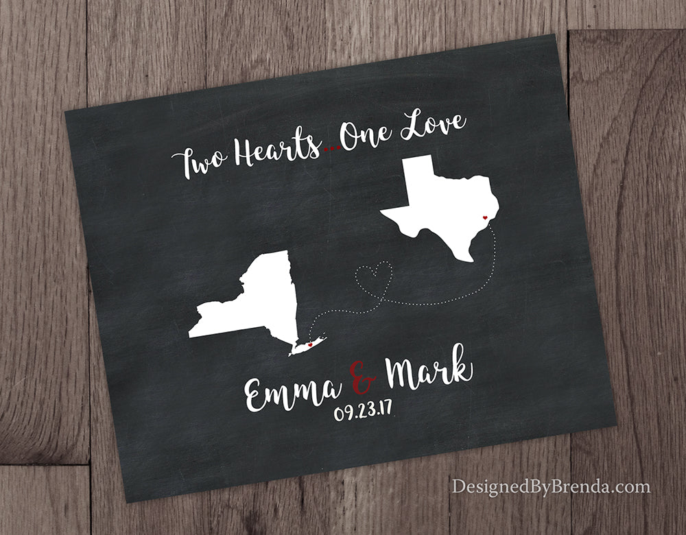 Chalkboard Style Print with 2 States: Two Hearts, One Love