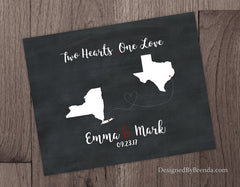 Two Hearts One Love Chalkboard Print with Two States - Wedding Guestbook Sign