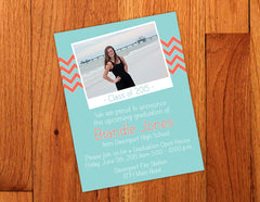 Aqua & Coral Chevron Graduation Party Invitation Postcard with Photo