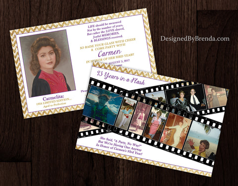 Flashy Gold Chevron Birthday Invitation - Double Sided with Filmstrip Photo Collage