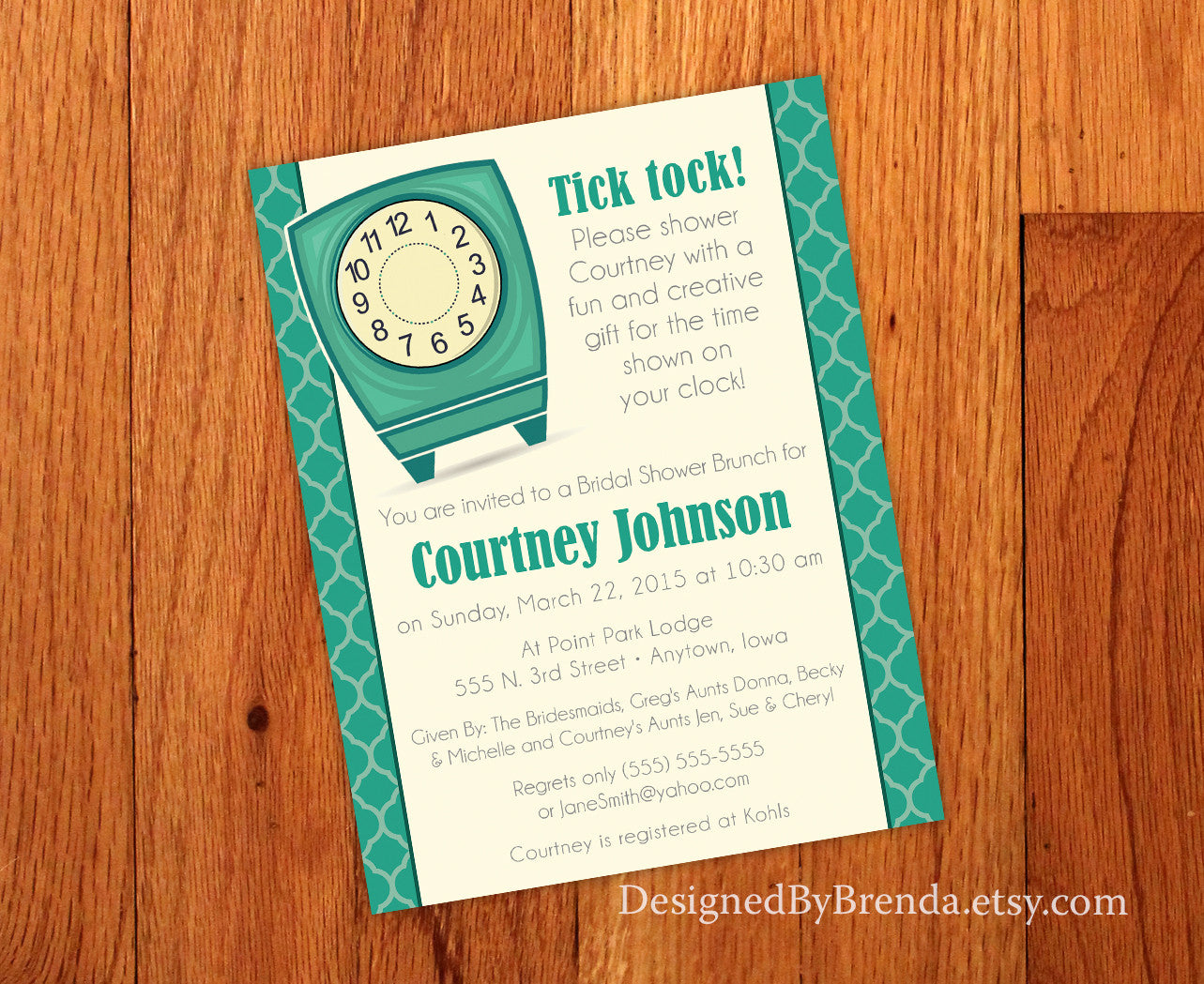 Clock Invitations Time of Day or Round the Clock Bridal or Baby Shower Invitation - Turq ...