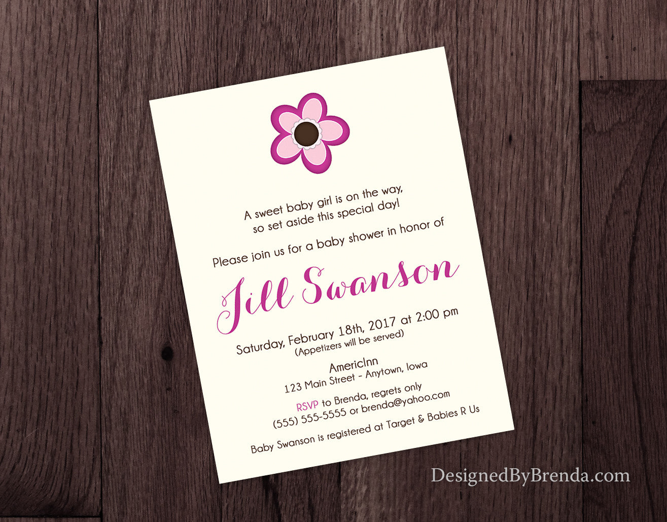 Baby Shower Invitation with Pink Flower - Simple Layout