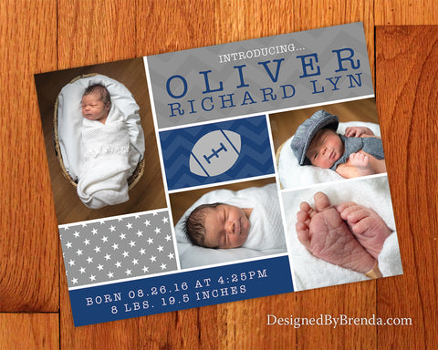 Football Themed Birth Announcement with Photos - Navy and Gray Chevron & Stars