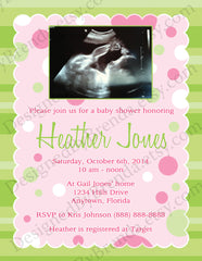 Baby Girl Shower Invitation or Gender Announcement Card - with ultrasound image - Pink & Green