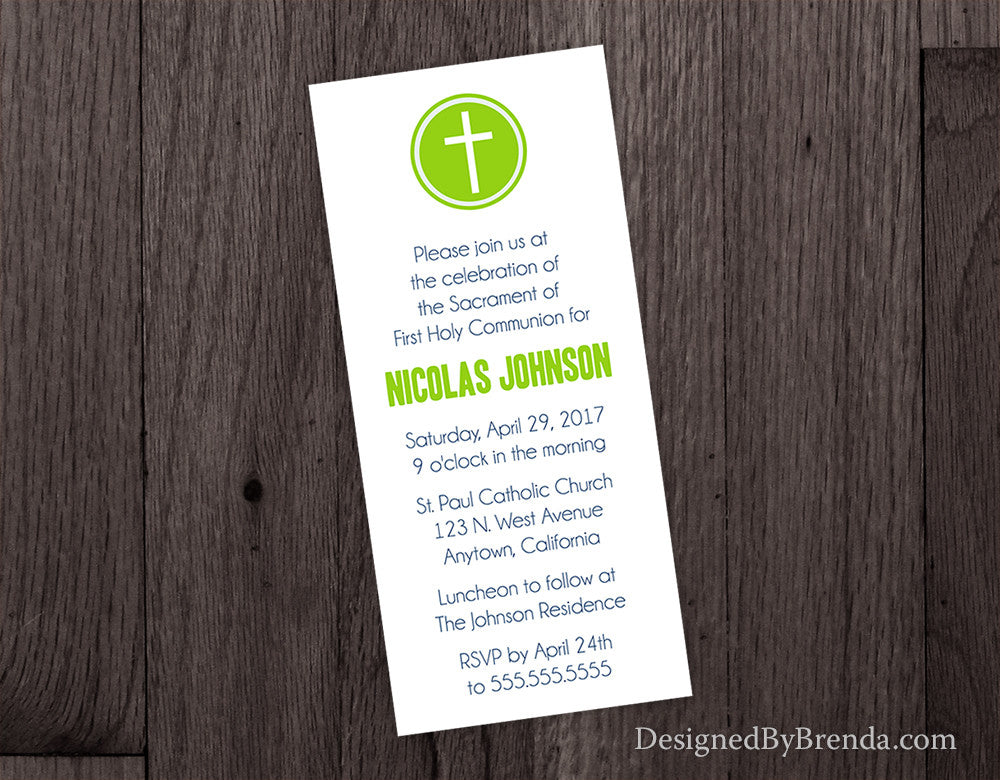 Green and Blue Baptism, First Communion or Confirmation Invitation With Religious Cross
