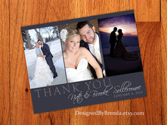 Modern Grey Wedding Thank You Postcard with Photo Trio