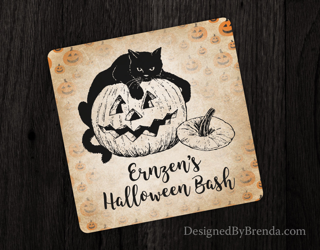 Vintage Style Halloween Paper Coasters - Unique Favor with Black Cat and Pumpkin