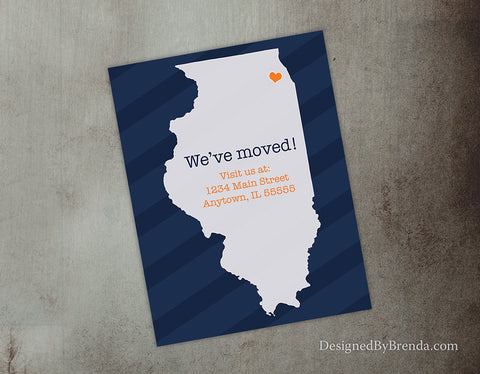 Navy Blue and Orange Moving Card or Change of Address Postcard with State Outline - Shown with Illinois
