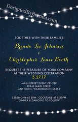 Wedding Invitation with Strings of Lights on Dark Blue Starry Sky Background