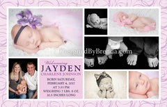 Pink and Purple Baby Announcement Card with Photos - Double Sided