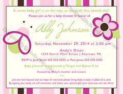 Baby Girl Shower Invitation with Ladybug and Flower - Pink, Green & Brown